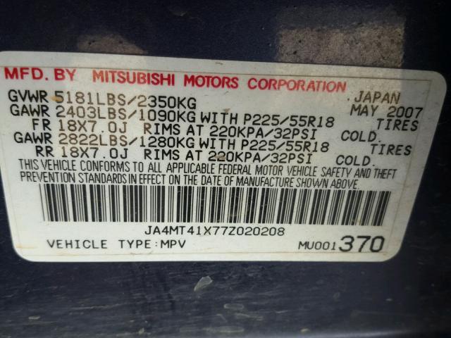 JA4MT41X77Z020208 - 2007 MITSUBISHI OUTLANDER BLUE photo 10