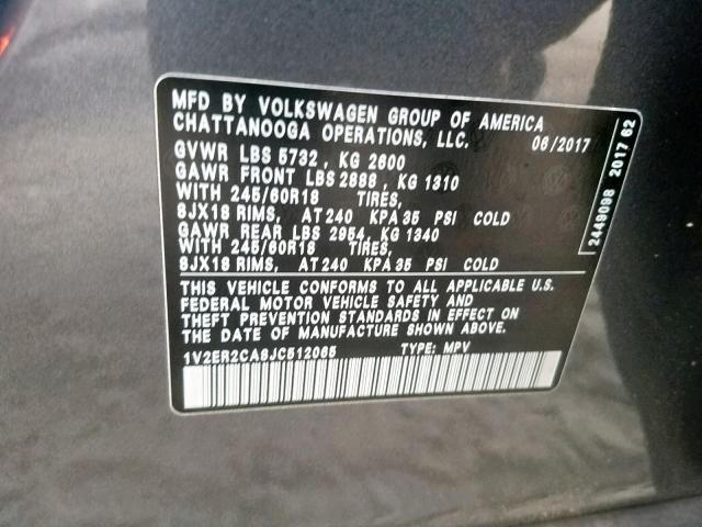 1V2ER2CA8JC512065 - 2018 VOLKSWAGEN ATLAS SEL Boz foto 10