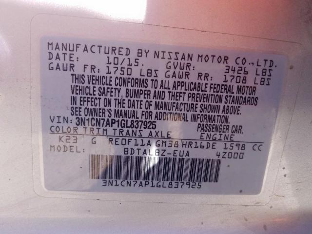 3N1CN7AP1GL837925 - 2016 NISSAN VERSA S SILVER photo 10