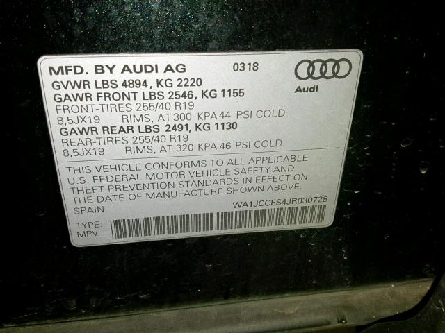 WA1JCCFS4JR030728 - 2018 AUDI Q3 PREMIUM BLACK photo 10