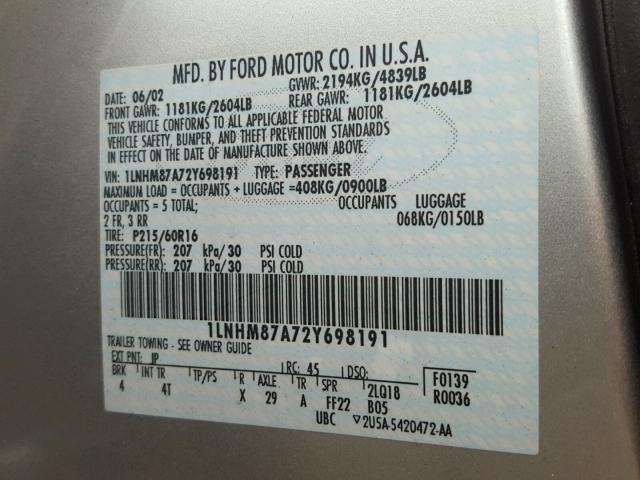 1LNHM87A72Y698191 - 2002 LINCOLN LS SILVER photo 10