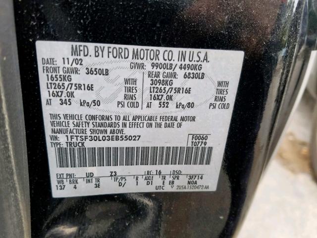 1FTSF30L03EB55027 - 2003 FORD F350 SRW S BLACK photo 10