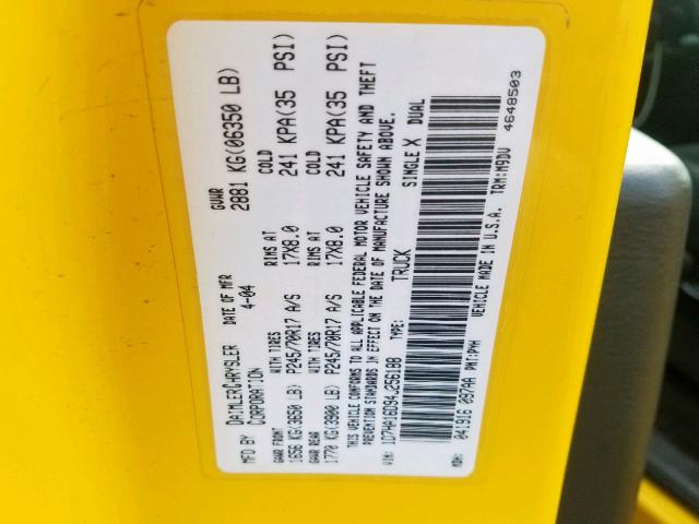 1D7HA16D94J256188 - 2004 DODGE RAM 1500 S YELLOW photo 10