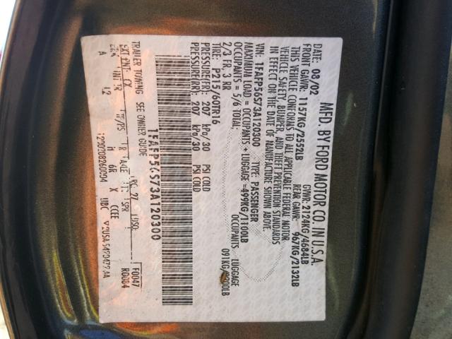 1FAFP56S73A120300 - 2003 FORD TAURUS SEL CHARCOAL photo 10