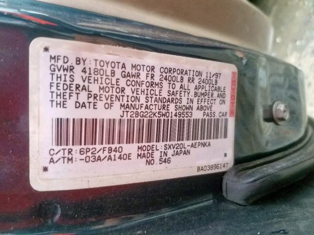 JT2BG22K5W0149553 - 1998 TOYOTA CAMRY CE GREEN photo 10