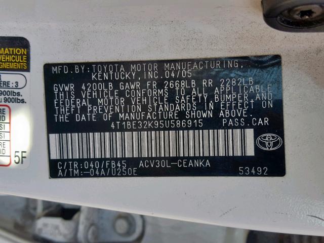 4T1BE32K95U586915 - 2005 TOYOTA CAMRY LE WHITE photo 10