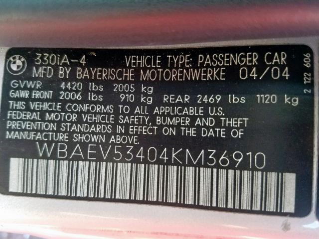 WBAEV53404KM36910 - 2004 BMW 330 I SILVER photo 10