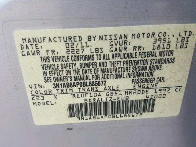 3N1AB6AP0BL685672 - 2011 NISSAN SENTRA 2.0 SILVER photo 10