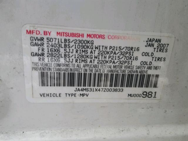 JA4MS31X47Z003833 - 2007 MITSUBISHI OUTLANDER WHITE photo 10