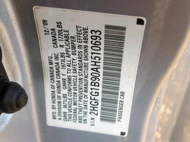 2HGFG1B90AH510693 - 2010 HONDA CIVIC EXL 银色 照片 10