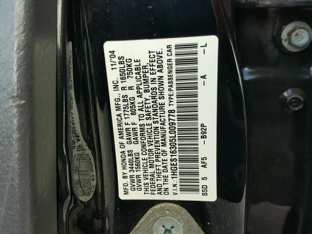 1HGES16305L009778 - 2005 HONDA CIVIC DX V BLACK photo 10