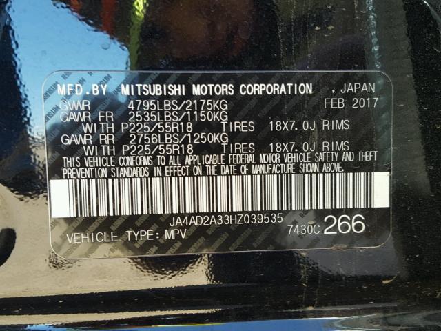 JA4AD2A33HZ039535 - 2017 MITSUBISHI OUTLANDER BLACK photo 10