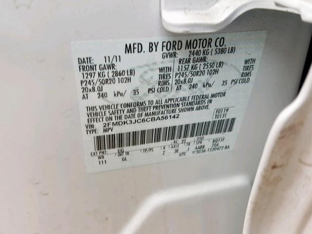 2FMDK3JC6CBA56142 - 2012 FORD EDGE SEL WHITE photo 10