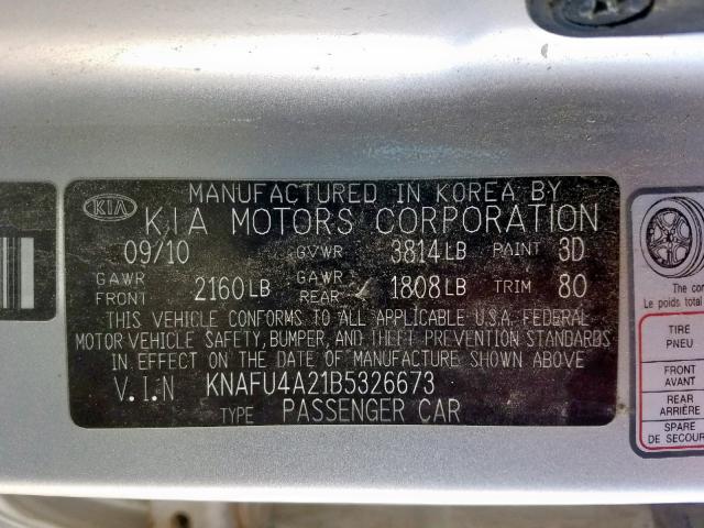 KNAFU4A21B5326673 - 2011 KIA FORTE EX SILVER photo 10