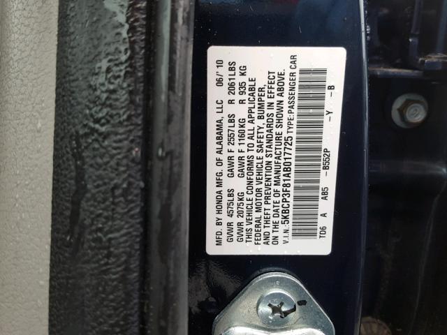 5KBCP3F81AB017725 - 2010 HONDA ACCORD EXL BLUE photo 10