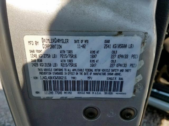 1J4GL48K43W586216 - 2003 JEEP LIBERTY SP SILVER photo 10