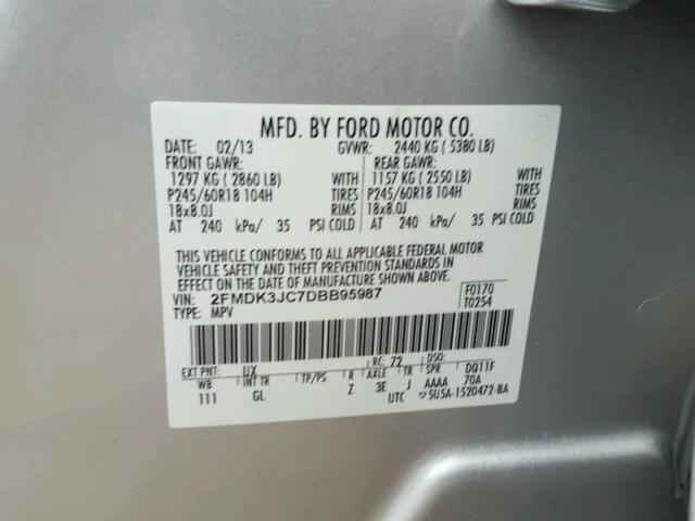 2FMDK3JC7DBB95987 - 2013 FORD EDGE SEL SILVER photo 10