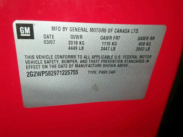 2G2WP582971225755 - 2007 PONTIAC GRAND PRIX RED photo 10