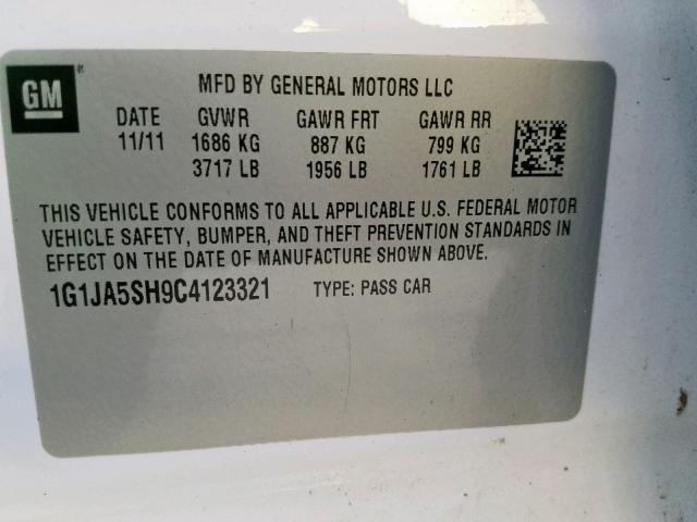 1G1JA5SH9C4123321 - 2012 CHEVROLET SONIC LS 白色 照片 10