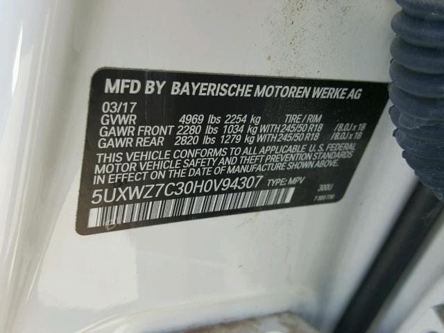 5UXWZ7C30H0V94307 - 2017 BMW X3 SDRIVE2 WHITE photo 10