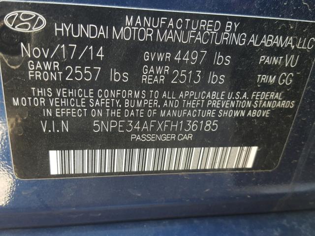 5NPE34AFXFH136185 - 2015 HYUNDAI SONATA SPO BLUE photo 10