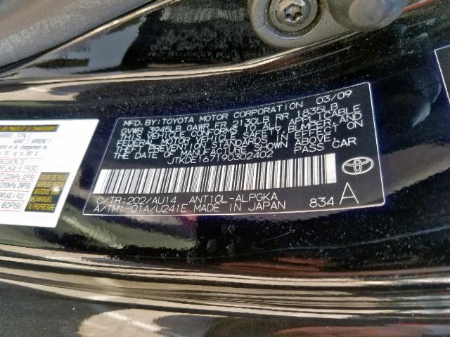 JTKDE167190302402 - 2009 TOYOTA SCION TC შავი ფოტო 10