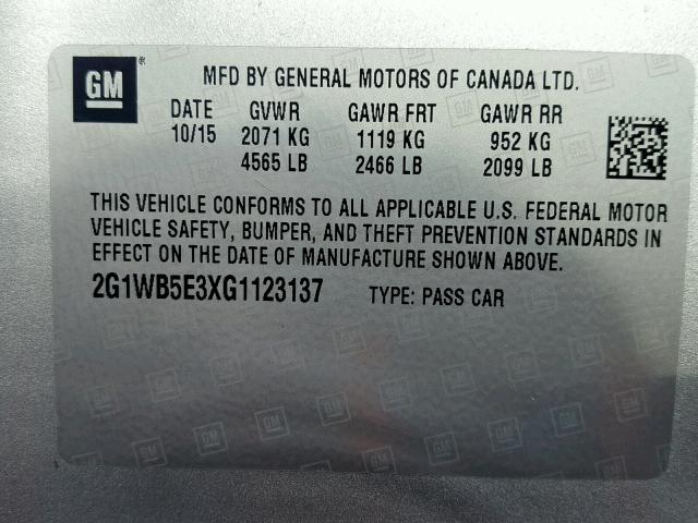 2G1WB5E3XG1123137 - 2016 CHEVROLET IMPALA LIM SILVER photo 10