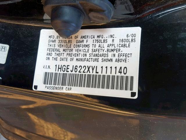 1HGEJ622XYL111140 - 2000 HONDA CIVIC DX BLACK photo 10