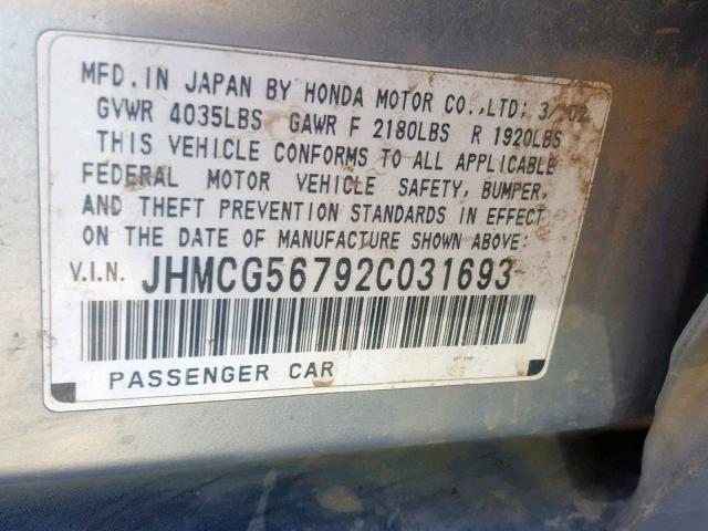 JHMCG56792C031693 - 2002 HONDA ACCORD SE GRAY photo 10