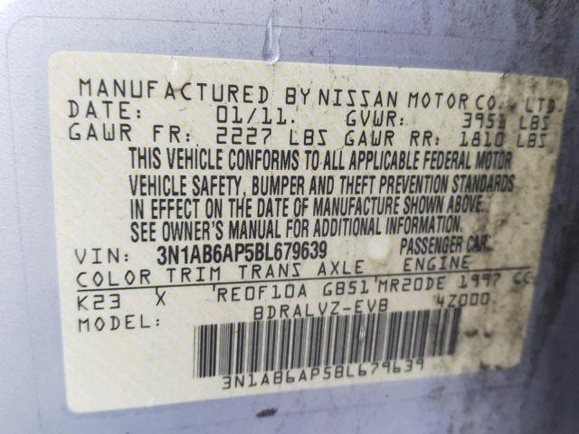 3N1AB6AP5BL679639 - 2011 NISSAN SENTRA 2.0 SILVER photo 10