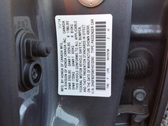 2HGFB2F9XFH510240 - 2015 HONDA CIVIC EXL BLACK photo 10