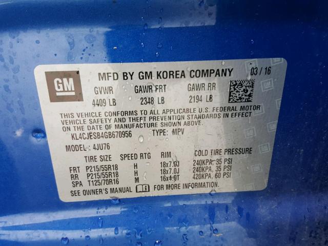 KL4CJESB4GB670956 - 2016 BUICK ENCORE BLUE photo 10