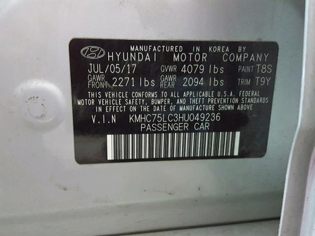 KMHC75LC3HU049236 - 2017 HYUNDAI IONIQ SEL SILVER photo 10