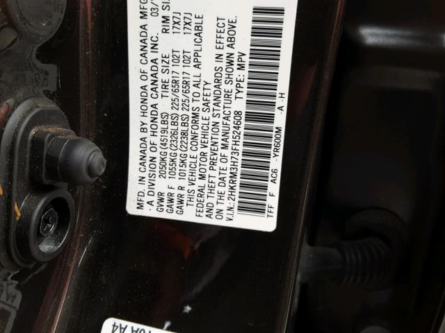 2HKRM3H73FH524608 - 2015 HONDA CR-V EXL CHARCOAL photo 10