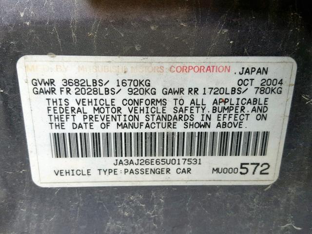 JA3AJ26E65U017531 - 2005 MITSUBISHI LANCER ES GRAY photo 10