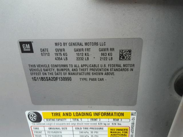 1G11B5SA2DF130990 - 2013 CHEVROLET MALIBU LS 银色 照片 10