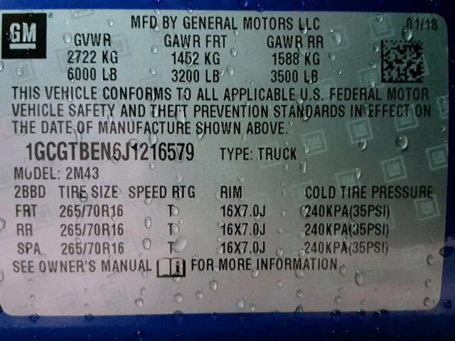 1GCGTBEN6J1216579 - 2018 CHEVROLET COLORADO BLUE photo 10