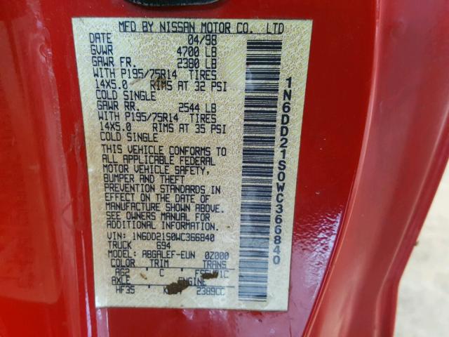 1N6DD21S0WC366840 - 1998 NISSAN FRONTIER X RED photo 10
