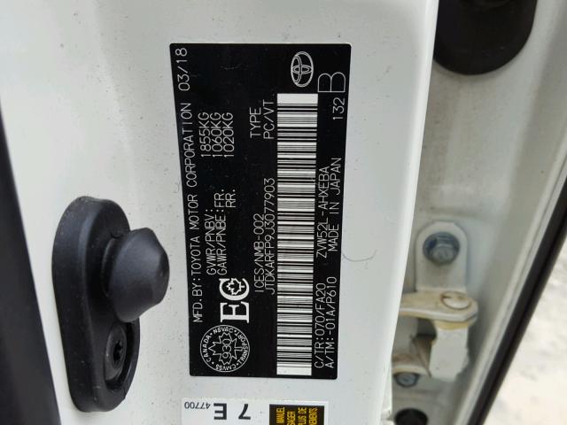 JTDKARFP9J3077903 - 2018 TOYOTA PRIUS PRIM 白色 照片 10
