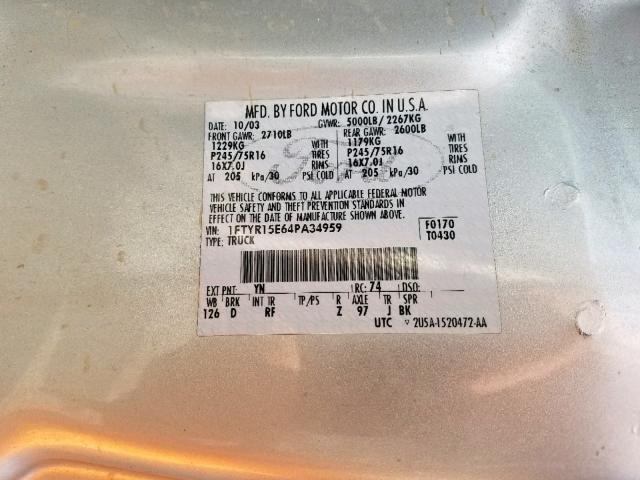 1FTYR15E64PA34959 - 2004 FORD RANGER SUP GRAY photo 10