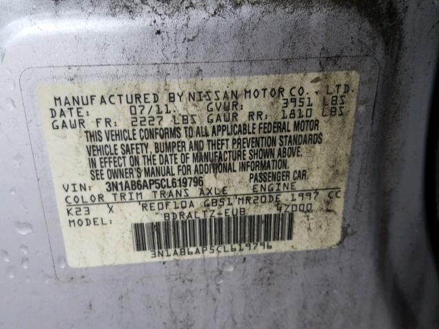 3N1AB6AP5CL619796 - 2012 NISSAN SENTRA 2.0 SILVER photo 10