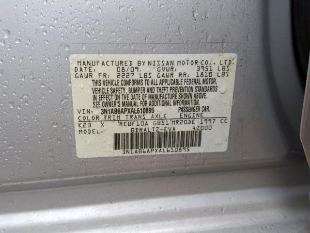 3N1AB6APXAL610895 - 2010 NISSAN SENTRA 2.0 SILVER photo 10