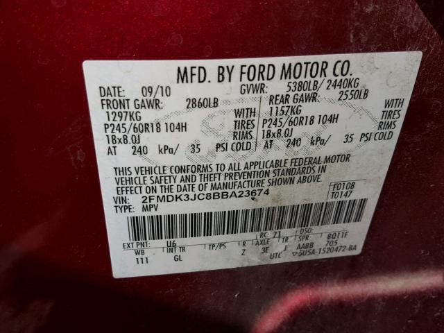 2FMDK3JC8BBA23674 - 2011 FORD EDGE SEL RED photo 10