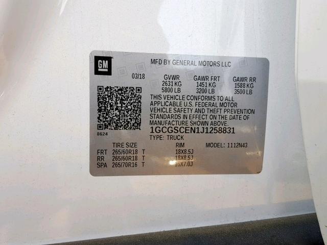 1GCGSCEN1J1258831 - 2018 CHEVROLET COLORADO L WHITE photo 10