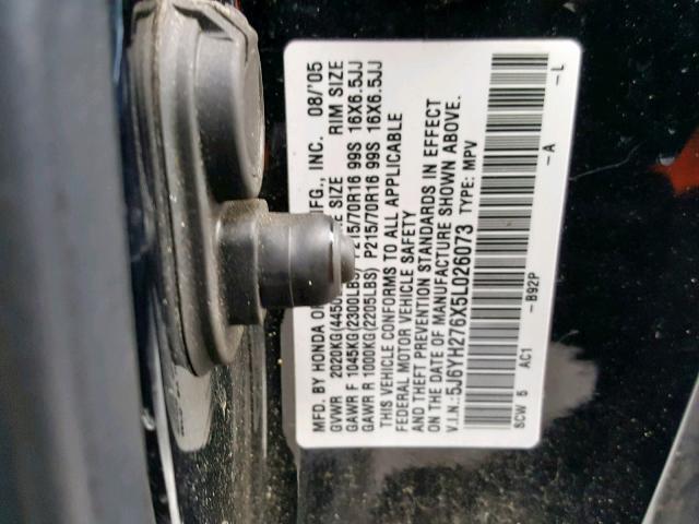 5J6YH276X5L026073 - 2005 HONDA ELEMENT EX BLACK photo 10