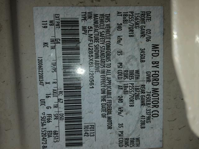 5LMFU285X6LJ20561 - 2006 LINCOLN NAVIGATOR 白色 照片 10