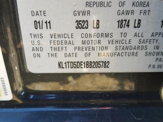 KL1TD5DE1BB205782 - 2011 CHEVROLET AVEO LS BLACK photo 10