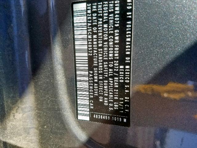 3VW2K7AJ5CM348572 - 2012 VOLKSWAGEN JETTA BASE 石墨色 照片 10