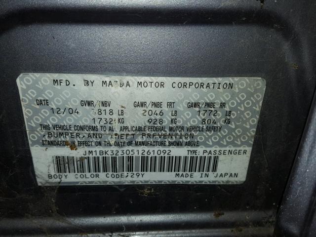 JM1BK323051261092 - 2005 MAZDA 3 S GRAY photo 10