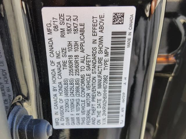 2HKRW2H8XHH672982 - 2017 HONDA CR-V EXL BLACK photo 10